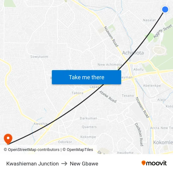 Kwashieman Junction to New Gbawe map