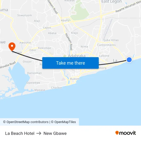 La Beach Hotel to New Gbawe map
