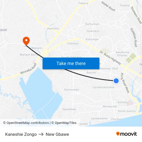 Kaneshie Zongo to New Gbawe map
