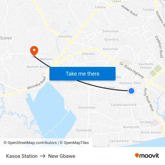 Kasoa Station to New Gbawe map