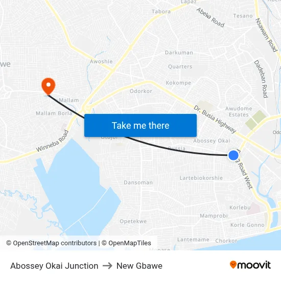 Abossey Okai Junction to New Gbawe map
