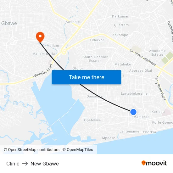 Clinic to New Gbawe map