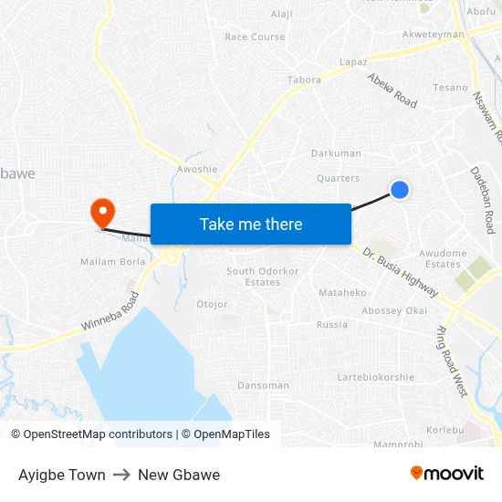 Ayigbe Town to New Gbawe map