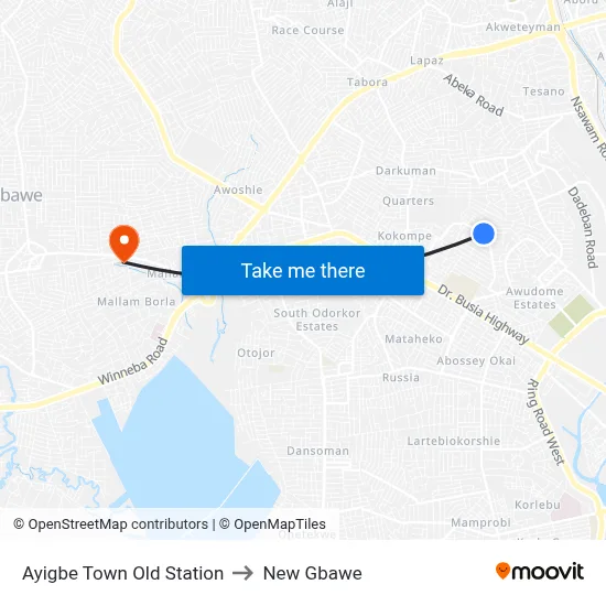 Ayigbe Town Old Station to New Gbawe map