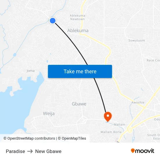 Paradise to New Gbawe map