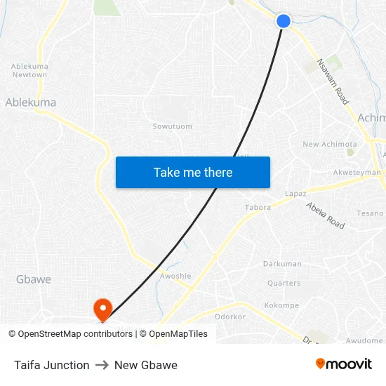 Taifa Junction to New Gbawe map