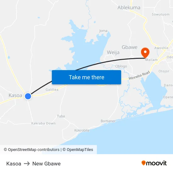 Kasoa to New Gbawe map