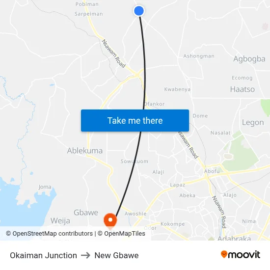 Okaiman Junction to New Gbawe map