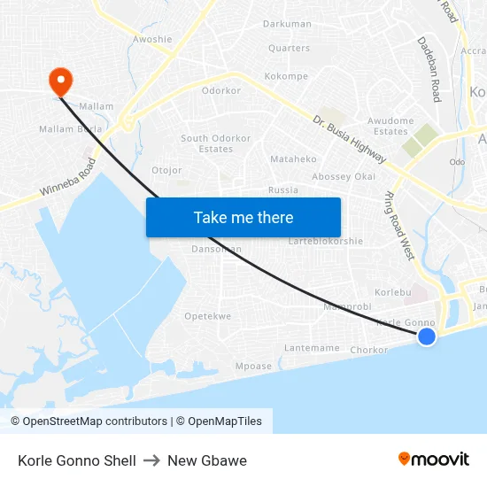 Korle Gonno Shell to New Gbawe map