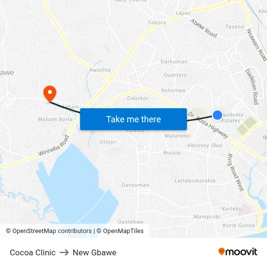 Cocoa Clinic to New Gbawe map