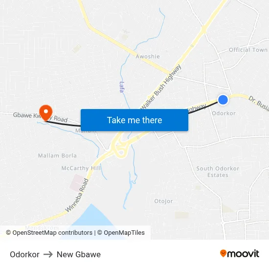 Odorkor to New Gbawe map