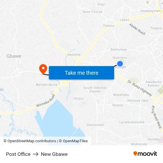 Post Office to New Gbawe map