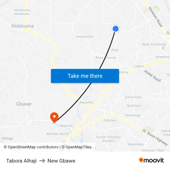 Tabora Alhaji to New Gbawe map
