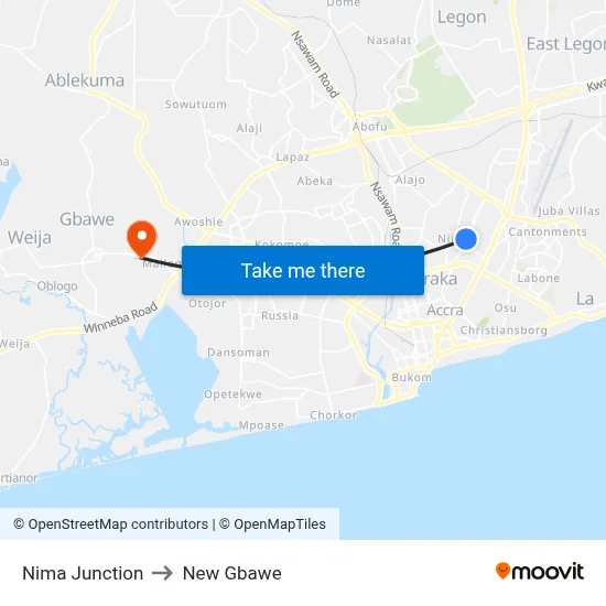 Nima Junction to New Gbawe map