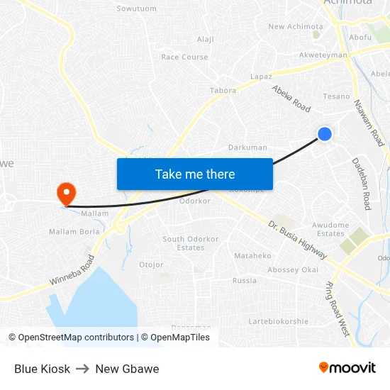 Blue Kiosk to New Gbawe map