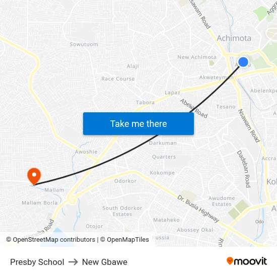 Presby School to New Gbawe map