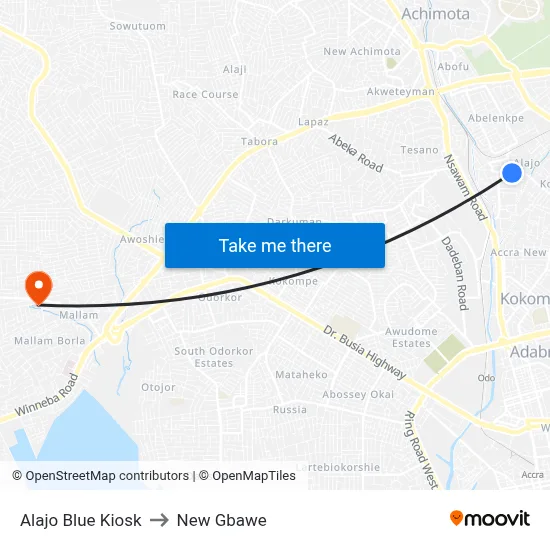 Alajo Blue Kiosk to New Gbawe map