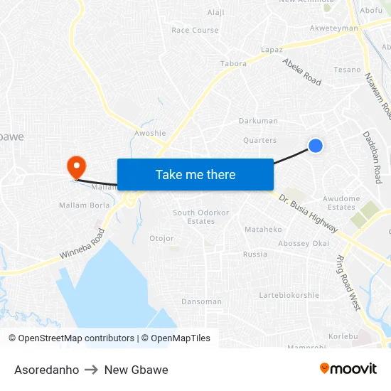 Asoredanho to New Gbawe map