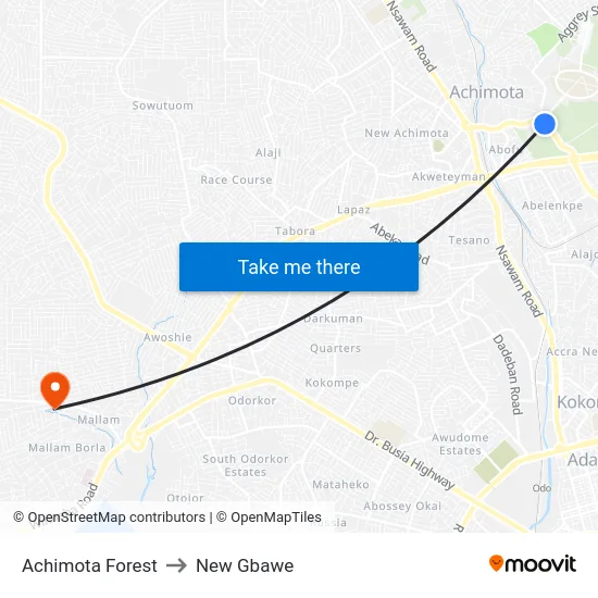 Achimota Forest to New Gbawe map