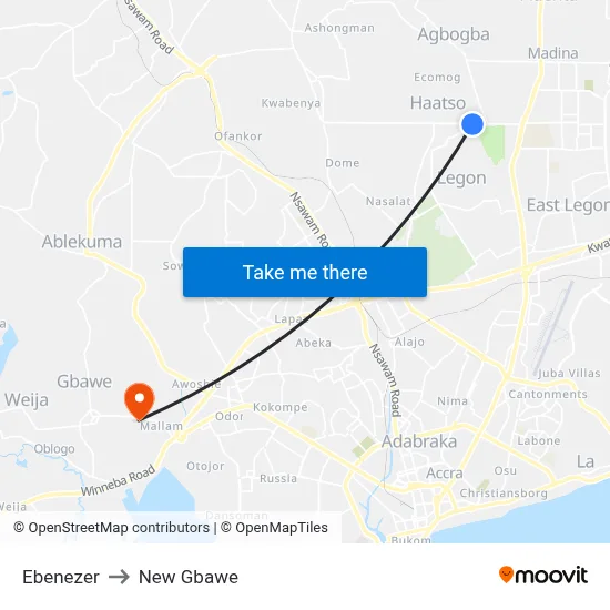 Ebenezer to New Gbawe map