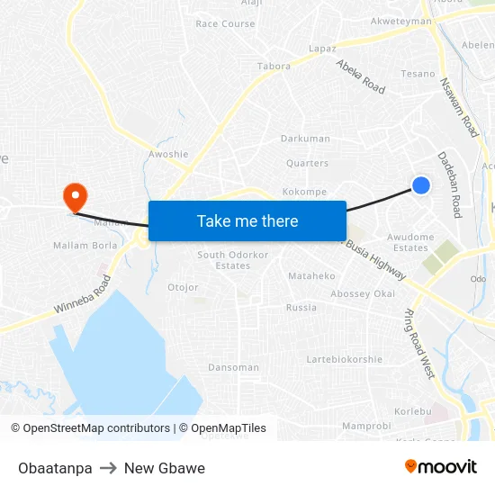 Obaatanpa to New Gbawe map