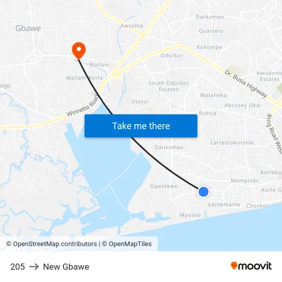 205 to New Gbawe map