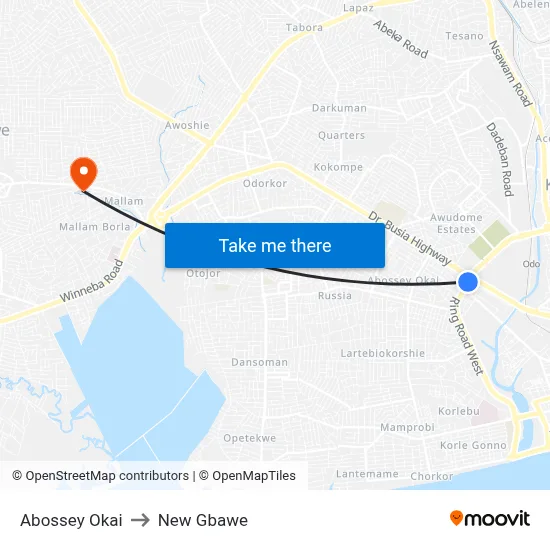 Abossey Okai to New Gbawe map