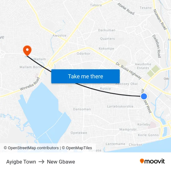 Ayigbe Town to New Gbawe map
