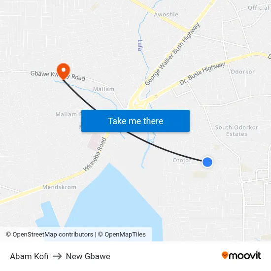 Abam Kofi to New Gbawe map