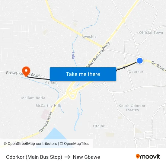 Odorkor (Main Bus Stop) to New Gbawe map