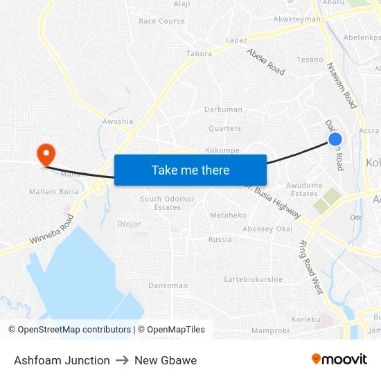 Ashfoam Junction to New Gbawe map