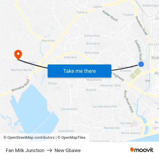 Fan Milk Junction to New Gbawe map