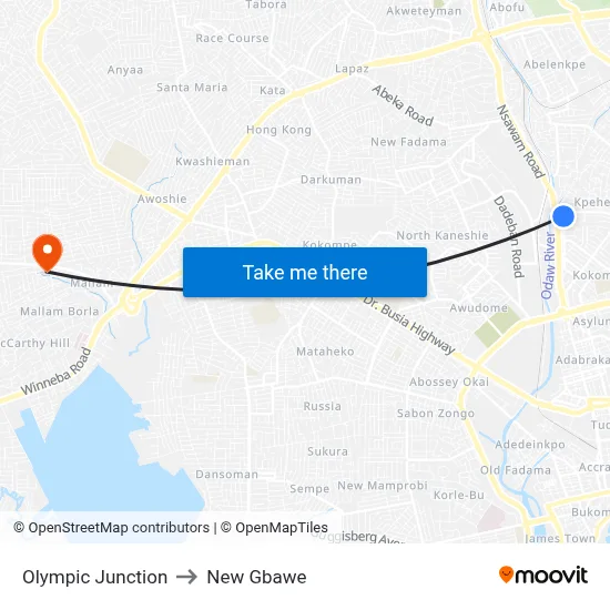 Olympic Junction to New Gbawe map