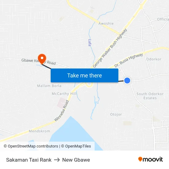 Sakaman Taxi Rank to New Gbawe map