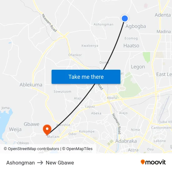 Ashongman to New Gbawe map