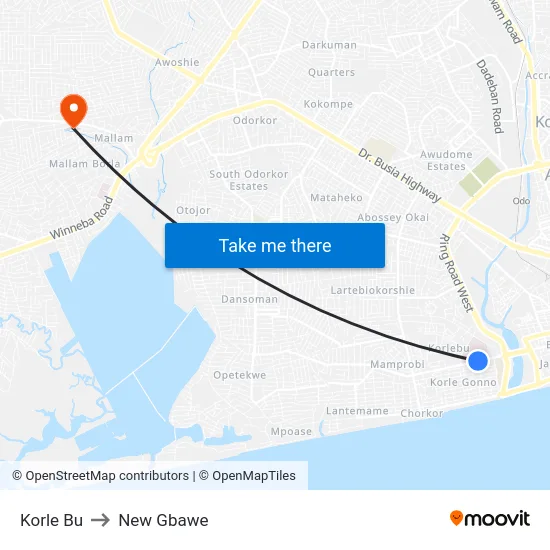 Korle Bu to New Gbawe map