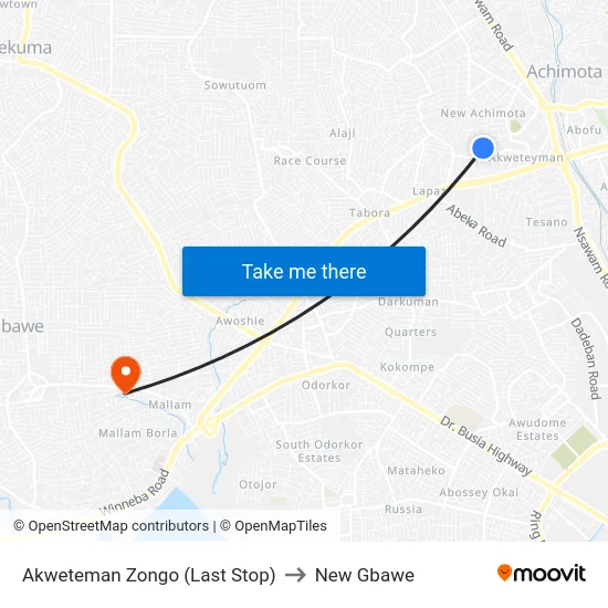 Akweteman Zongo (Last Stop) to New Gbawe map