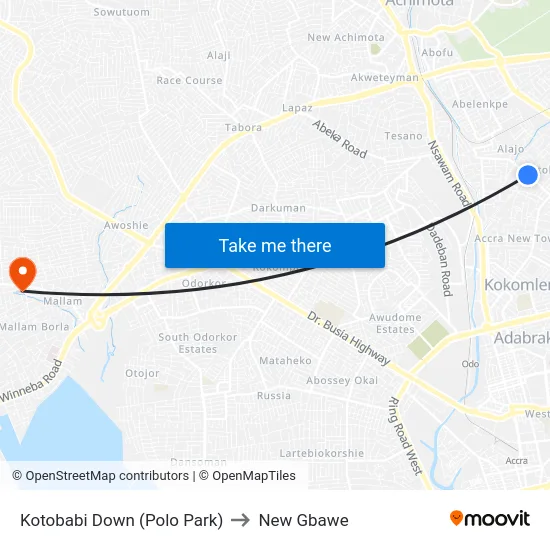 Kotobabi Down (Polo Park) to New Gbawe map