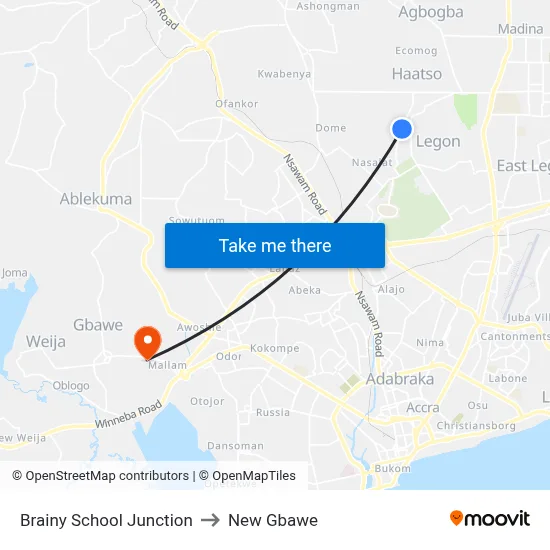Brainy School Junction to New Gbawe map