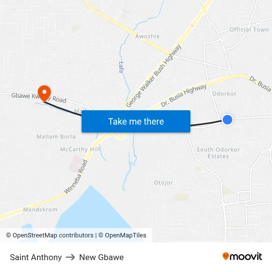 Saint Anthony to New Gbawe map