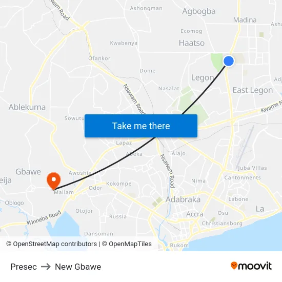 Presec to New Gbawe map