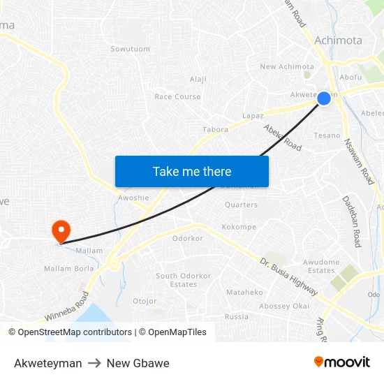 Akweteyman to New Gbawe map