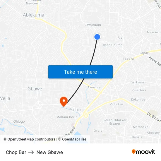 Chop Bar to New Gbawe map