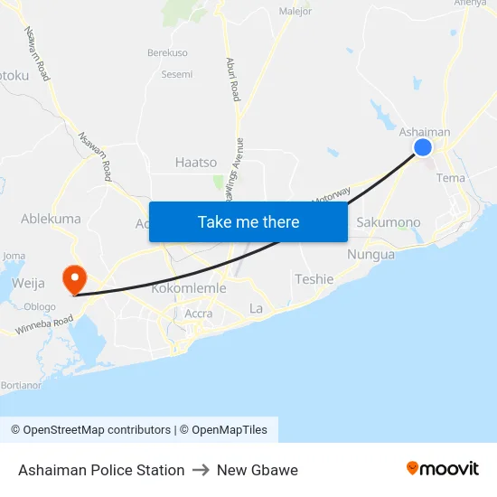Ashaiman Police Station to New Gbawe map