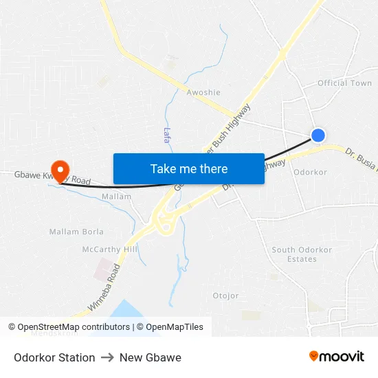 Odorkor Station to New Gbawe map