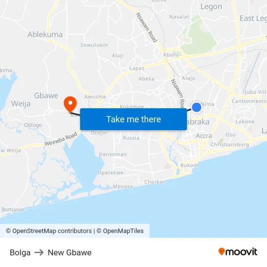 Bolga to New Gbawe map