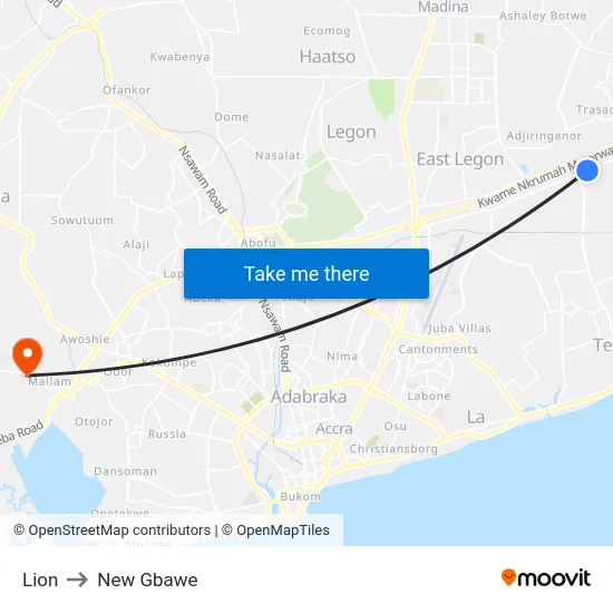 Lion to New Gbawe map