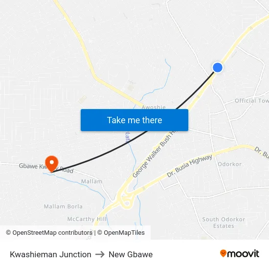 Kwashieman Junction to New Gbawe map