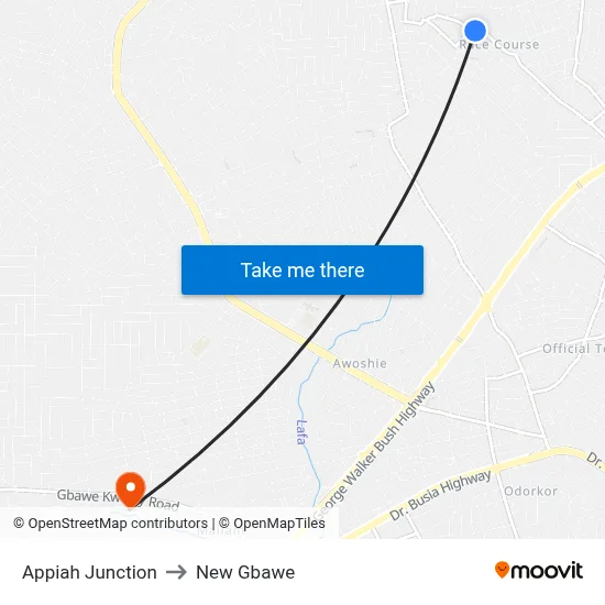 Appiah Junction to New Gbawe map
