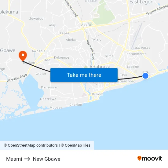 Maami to New Gbawe map